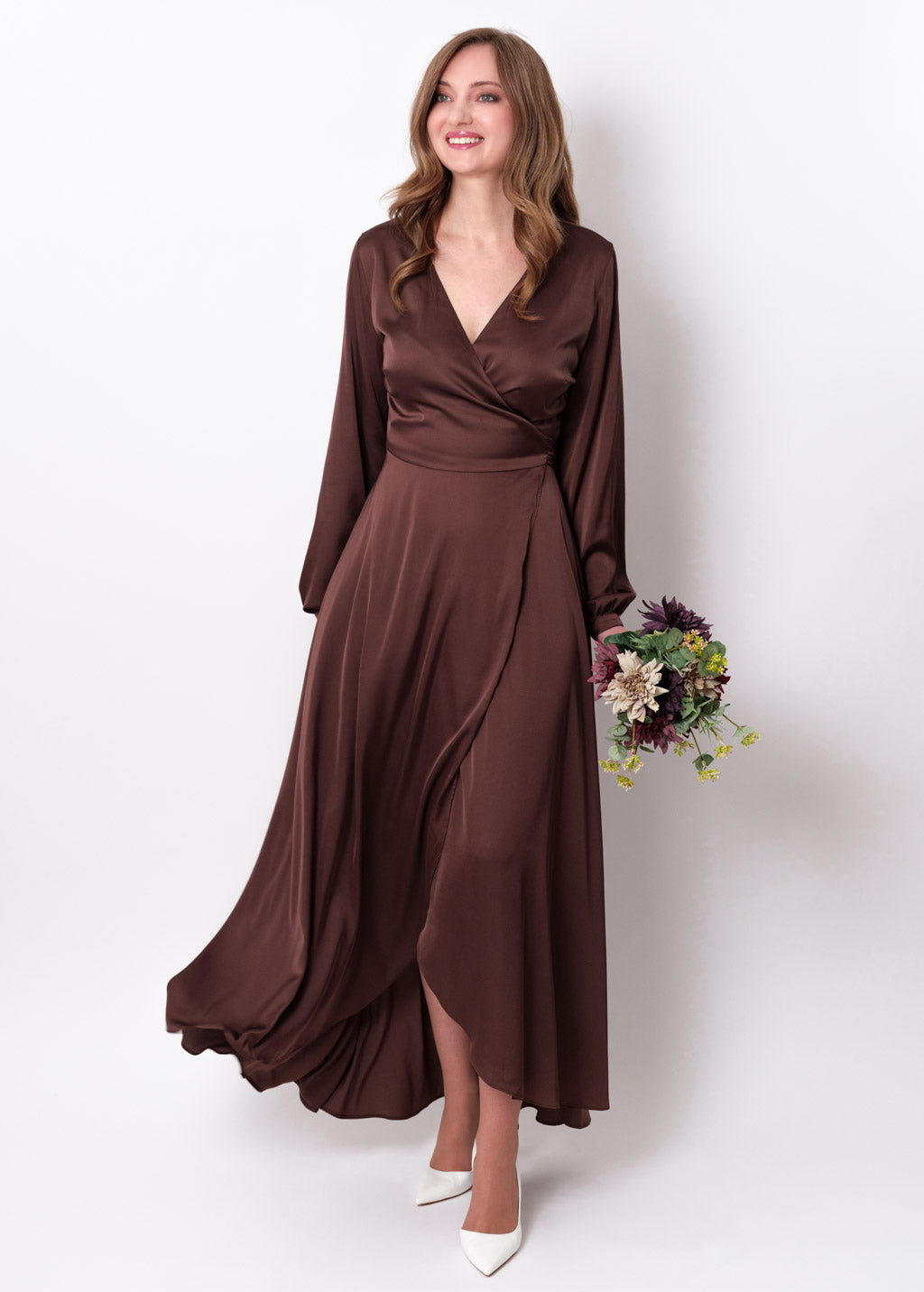 Chocolate brown silk satin long wrap dress, silk dress, wrap dress,  bridesmaid dress, wedding guest dress, long sleeve silk dress, women dress,  maxi dress, evening dress, long dress – ENME.ME