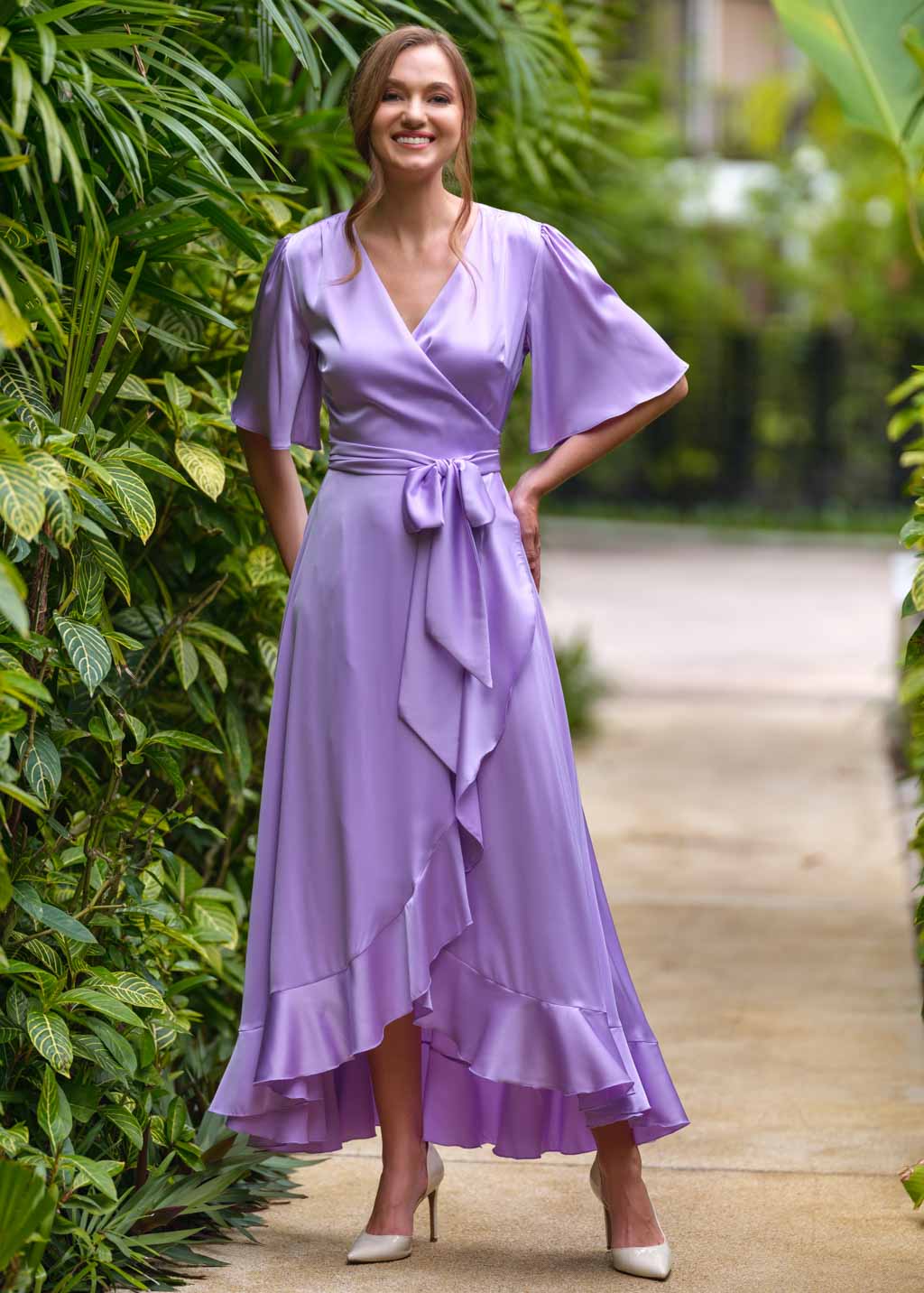 lilac silk bridesmaid dresses Lilac Satin Bridesmaid Dresses Flutter sleeves V Neck