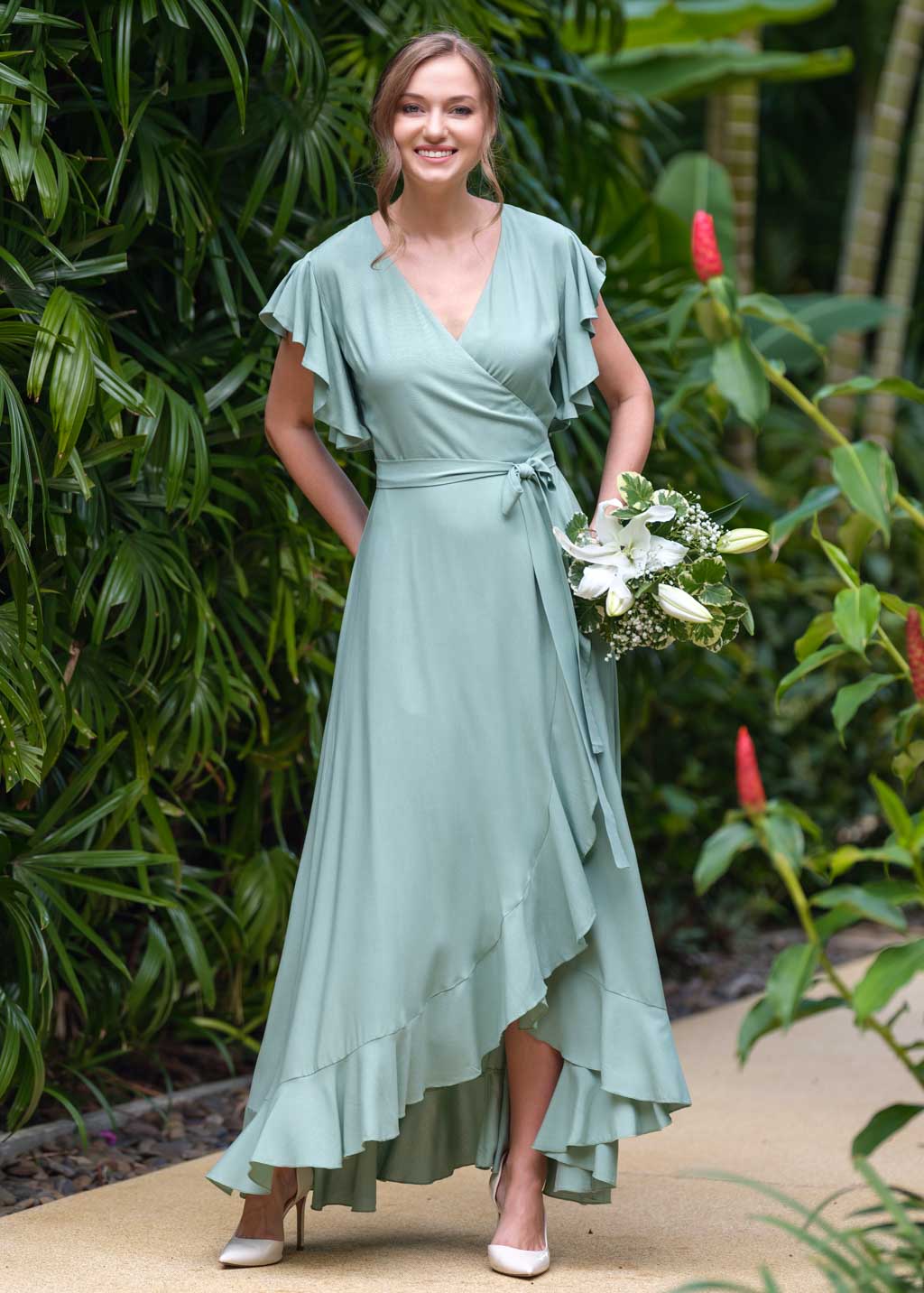 Sage green romantic wrap dress, bridesmaids dress, maxi dress, long dress,  wedding guest dress, formal dress, evening summer dress – ENME.ME