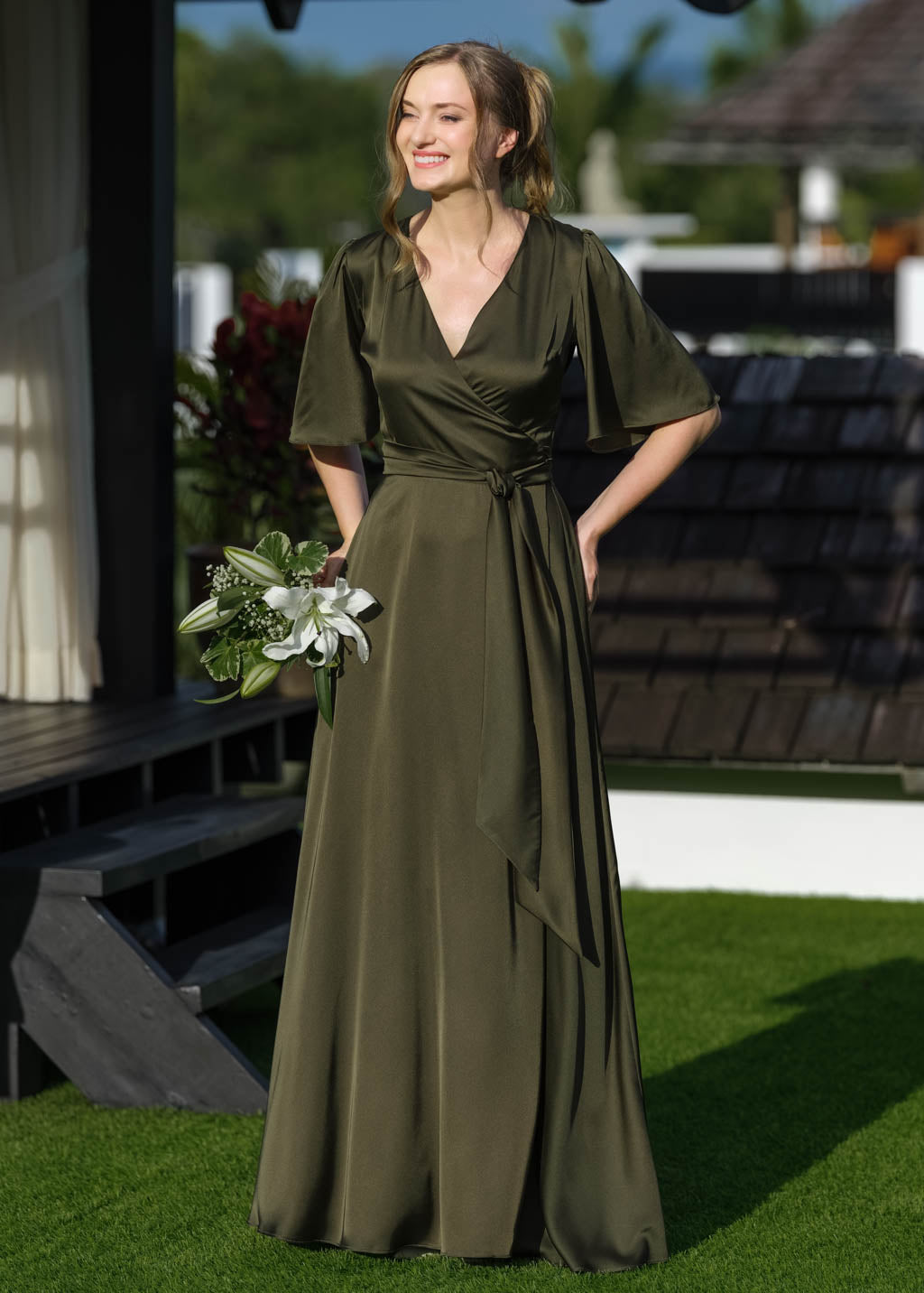Dark Olive Long Silk Satin Wrap Maxi Bridesmaid Dress – ENME.ME Dark Olive Long Silk Satin Wrap Maxi Bridesmaid Dress – ENME.ME
