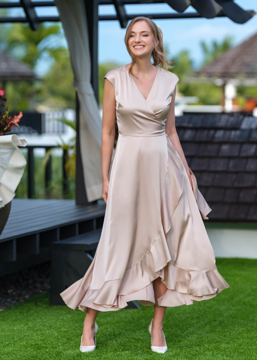 beige satin wrap dress Cream satin mini wrap dress 40