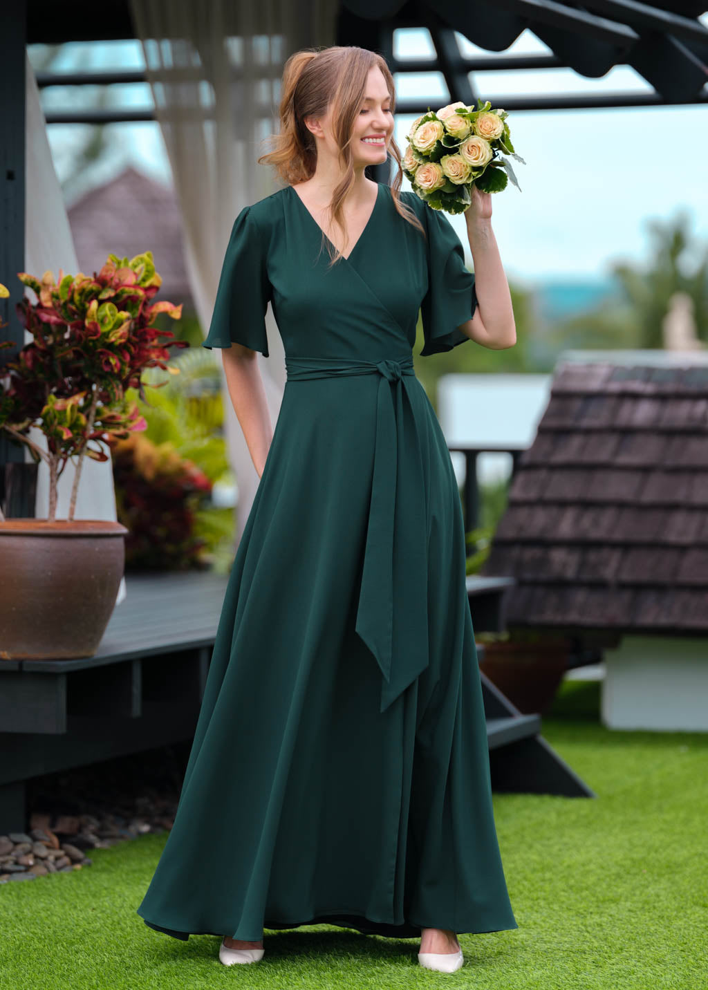 dark green chiffon dress long wrap Carolina Floral 3/4 Sleeve Maxi Dress (Size):3XL or evening celebrations. Sliver Pinkblush Ivory Bubble Sleeve