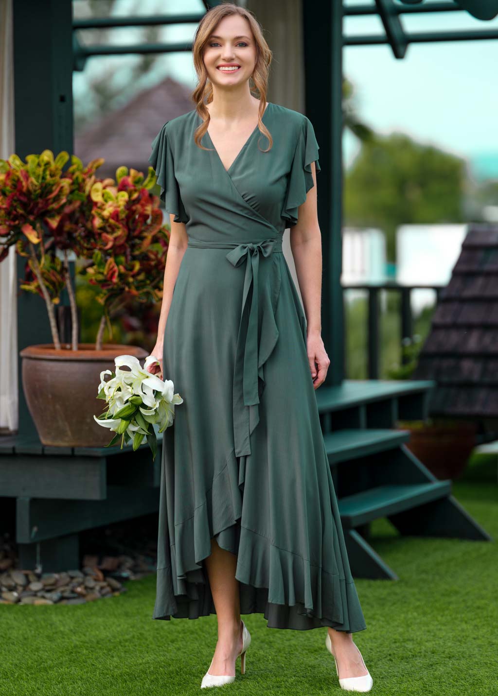 green wrap dress wedding guest Dark Green Wrap Satin Dress With Flutter Sleeves