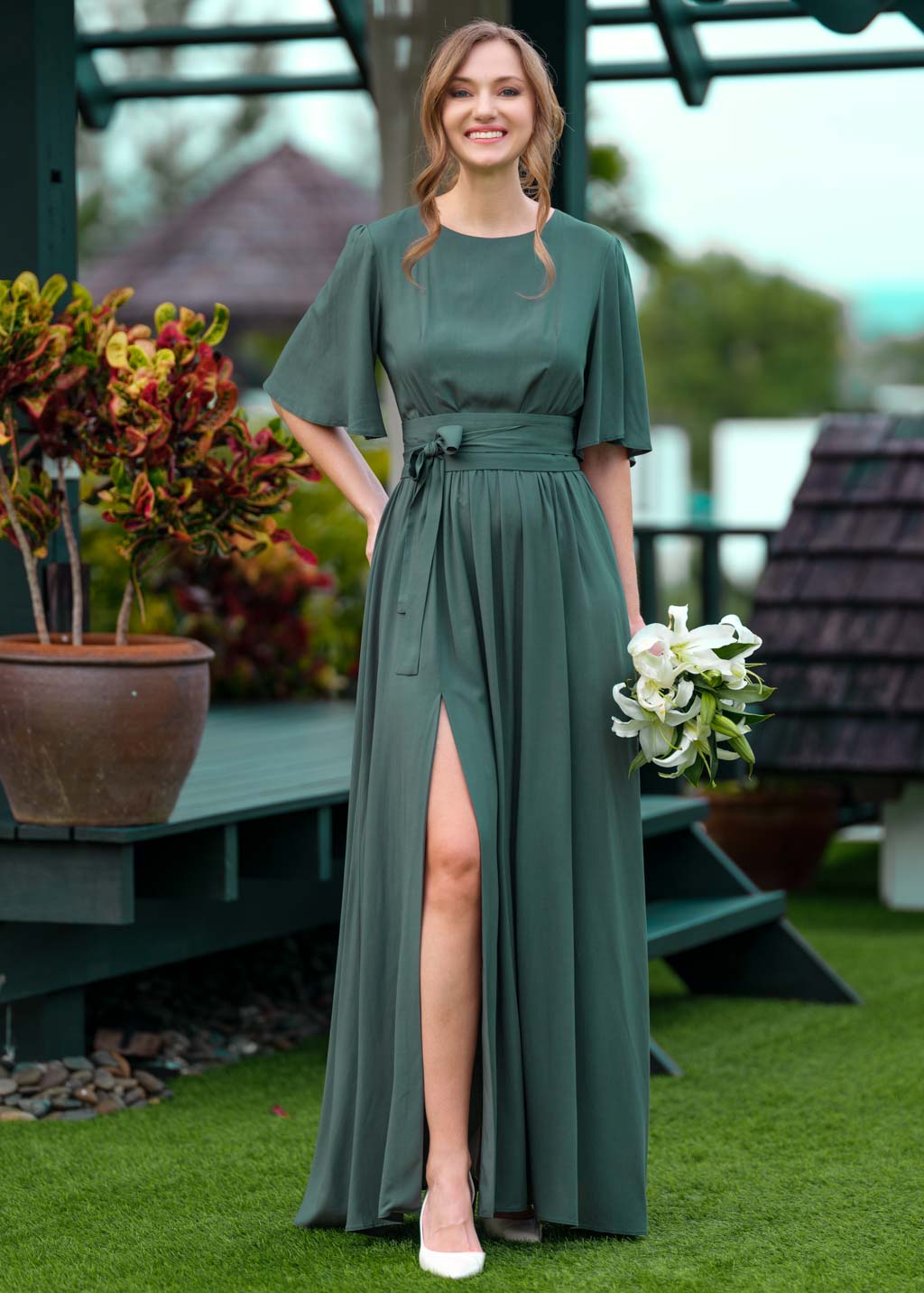 Dark green slit dress with belt Dark green slit dress with belt