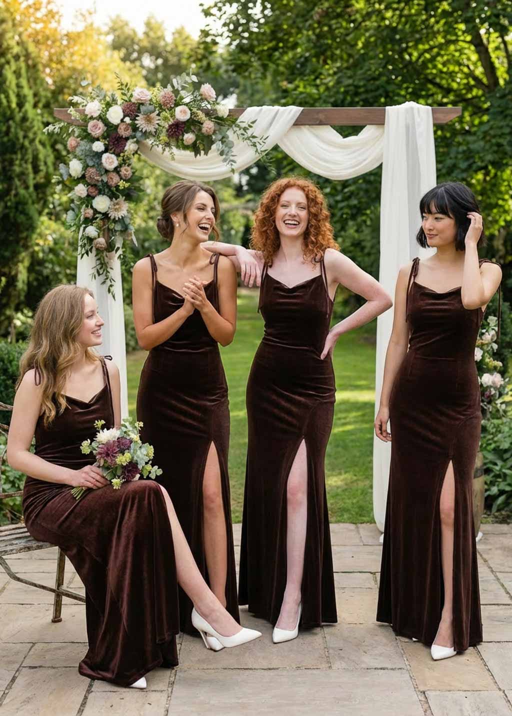 Chocolate Brown Velvet Bridesmaid Slit Dress