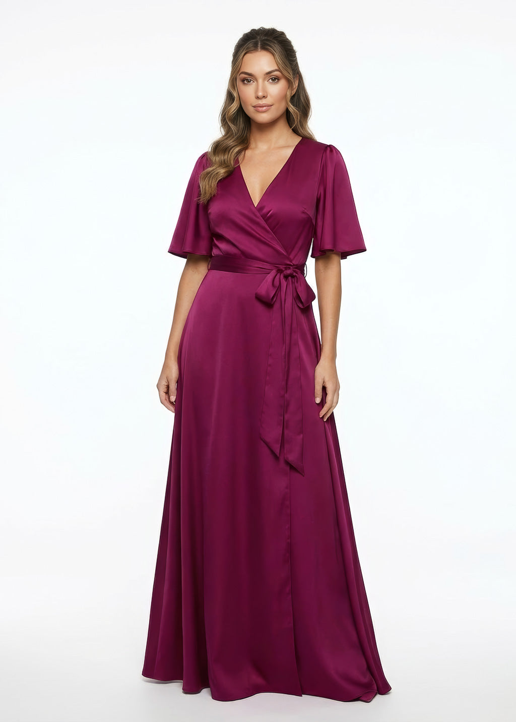 Fuchsia silk Wrap Long Dress