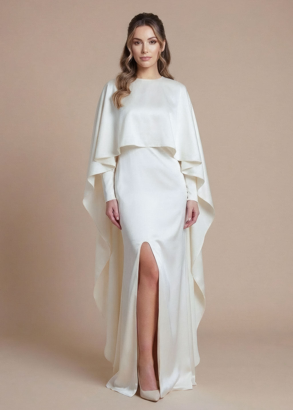 long sleeve reception dress Ivory Silk Wedding Long Sleeves Dress with Cape
