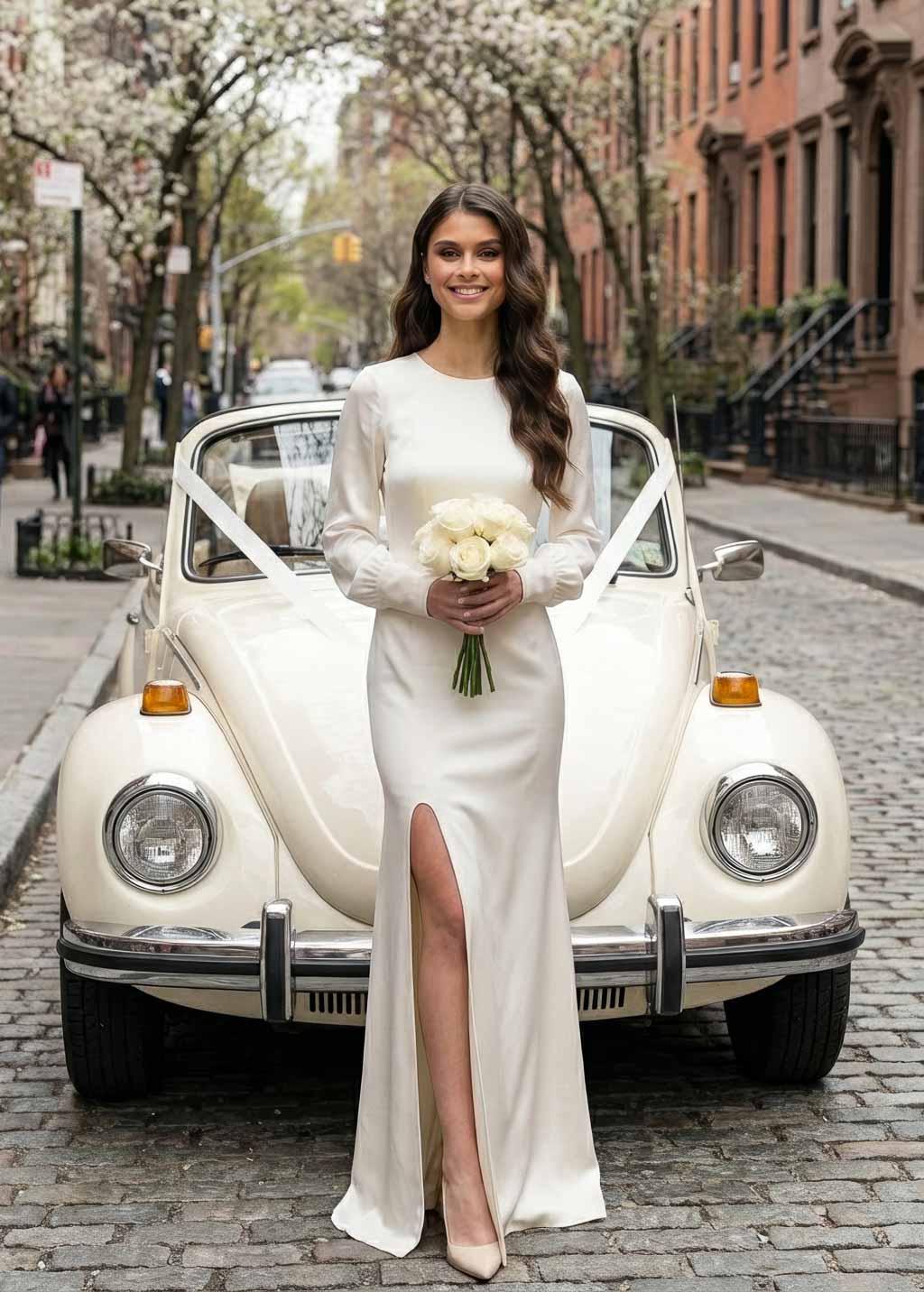 Ivory Silk Wedding Slit Dress with Long Sleeves