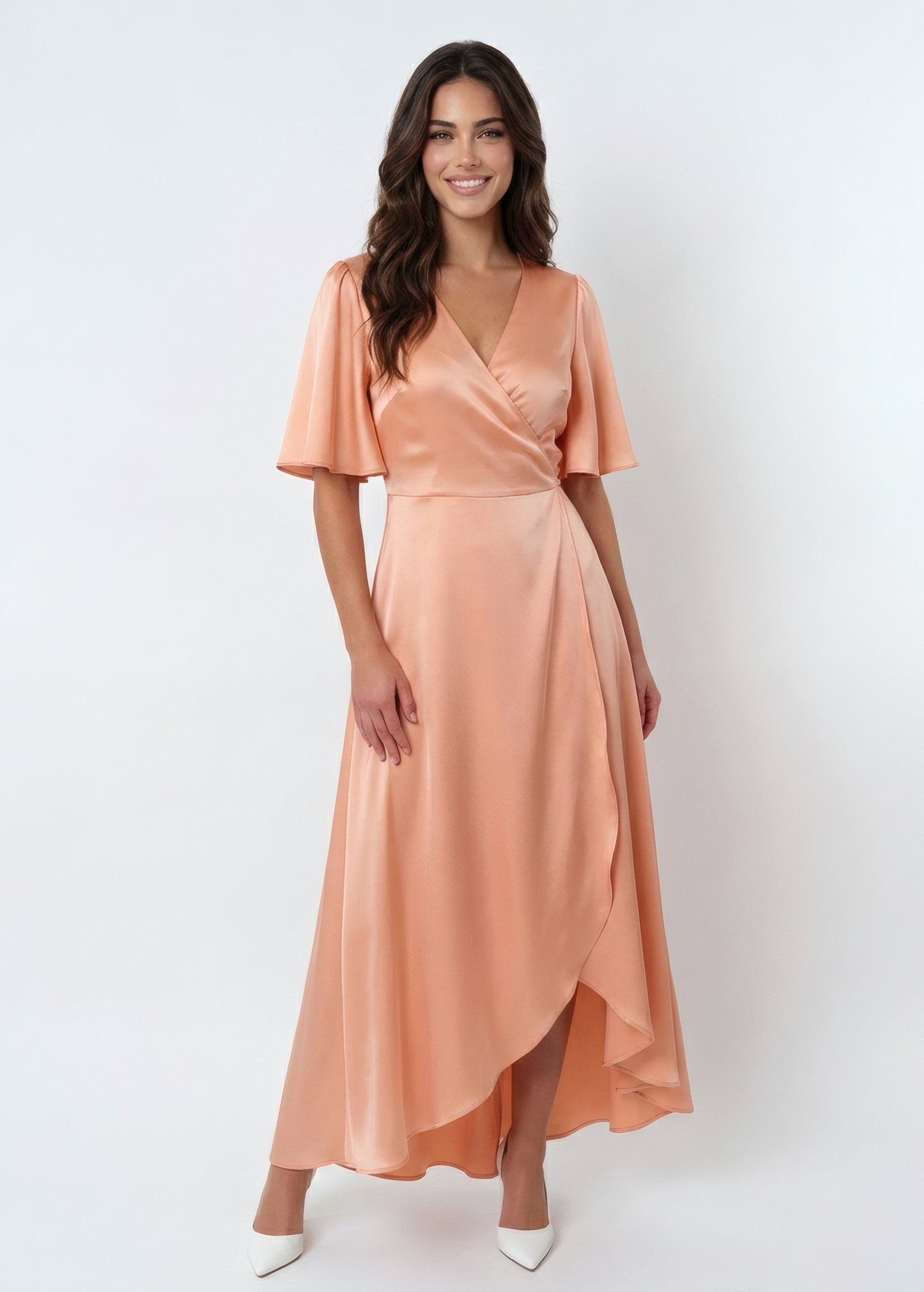Peach Fuzz Silk Wrap Dress with Flutter Sleeve