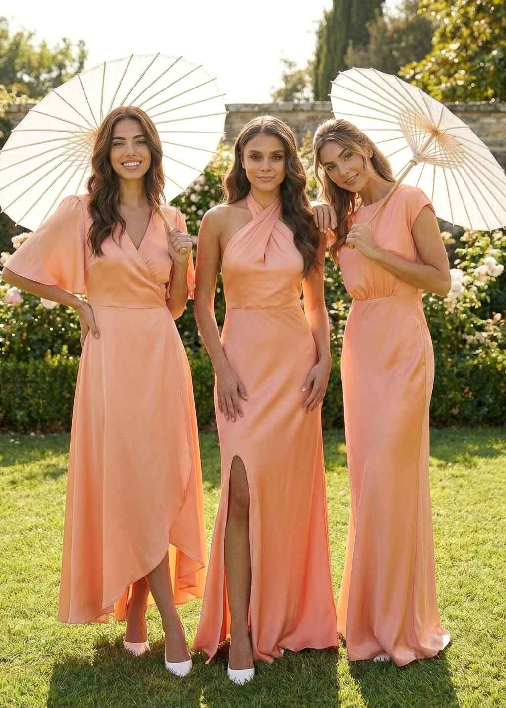 orange peach bridesmaid dresses Cowl Front Satin Short Sleeve Bridesmaid Dress - Emerald