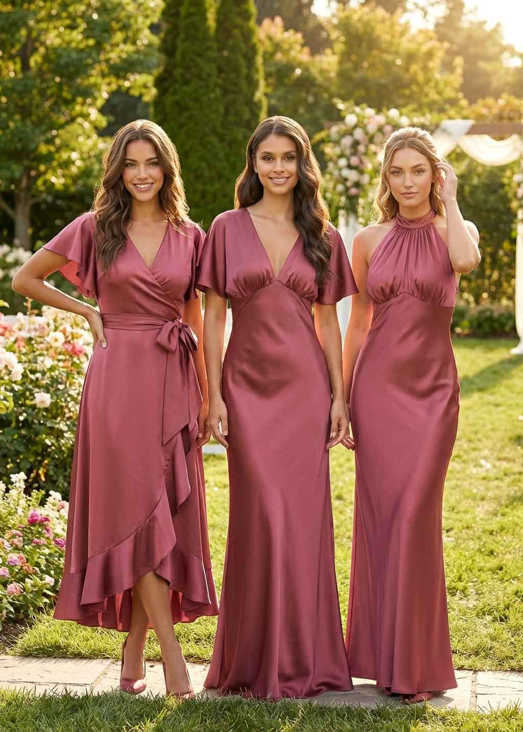 Dusty Rose Silk Bridesmaid Dress with Flutter Sleeves