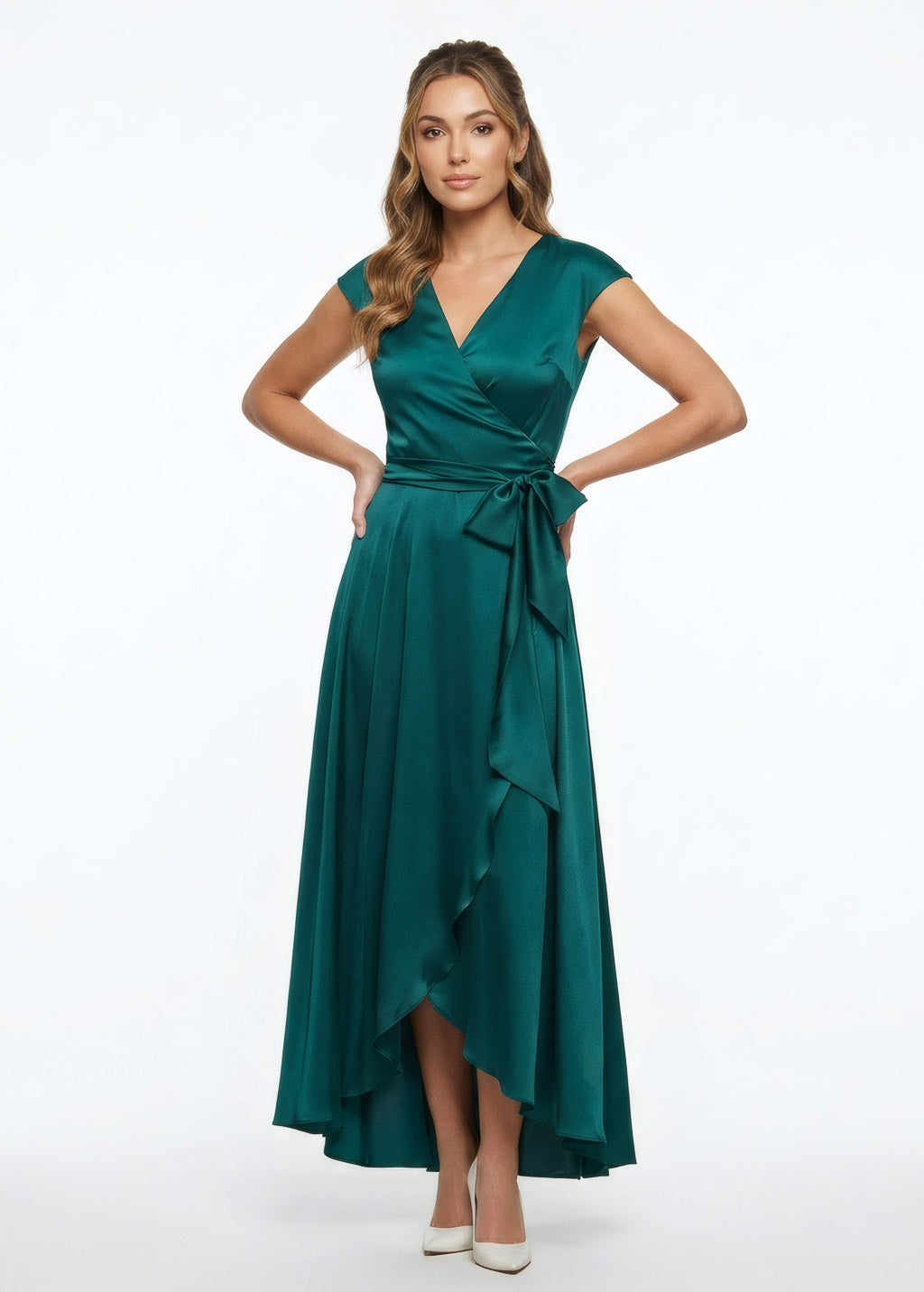 Teal Silk Wrap Asymmetrical Midi Dress