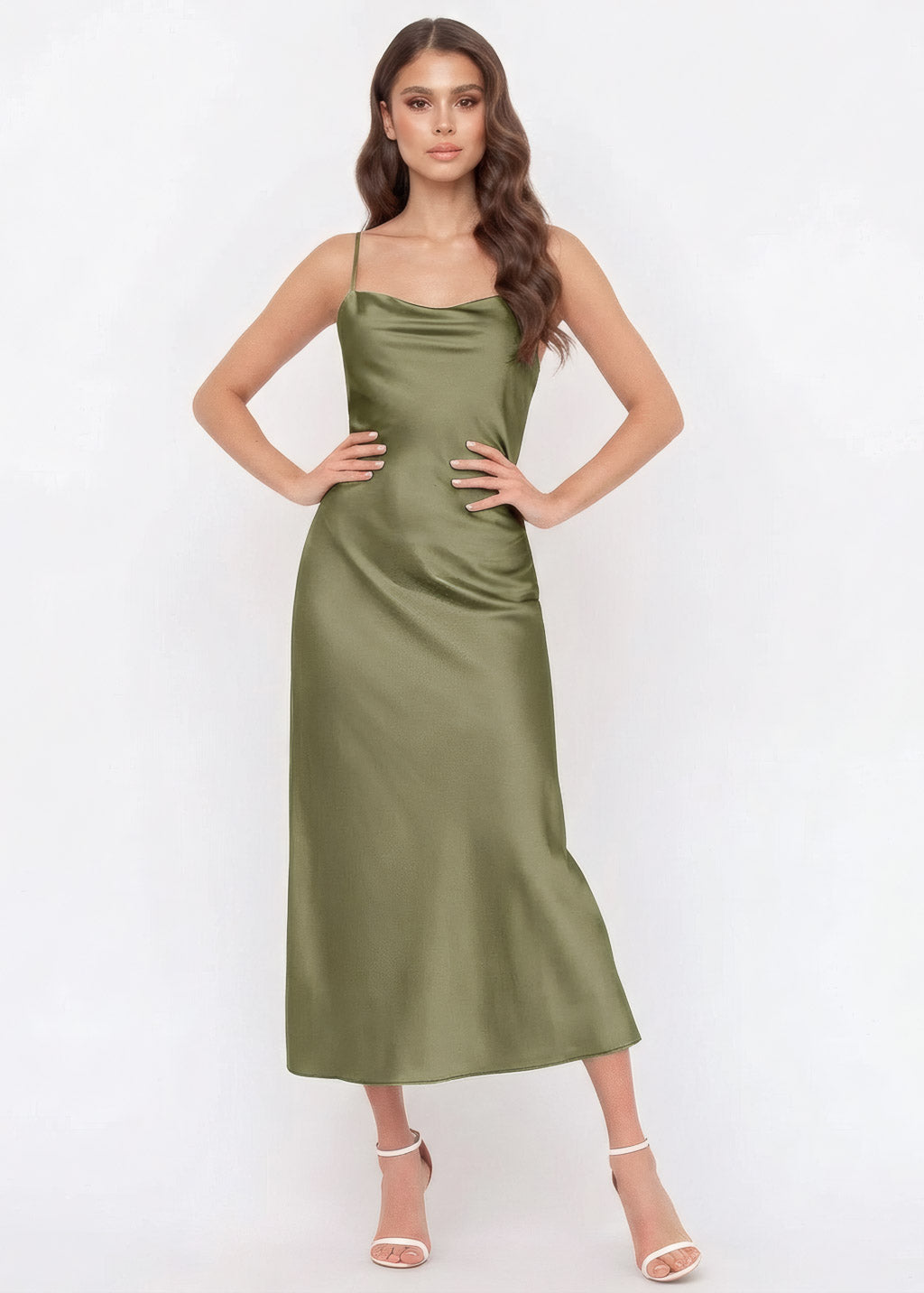 Olive Green Silk Midi Slip Dress