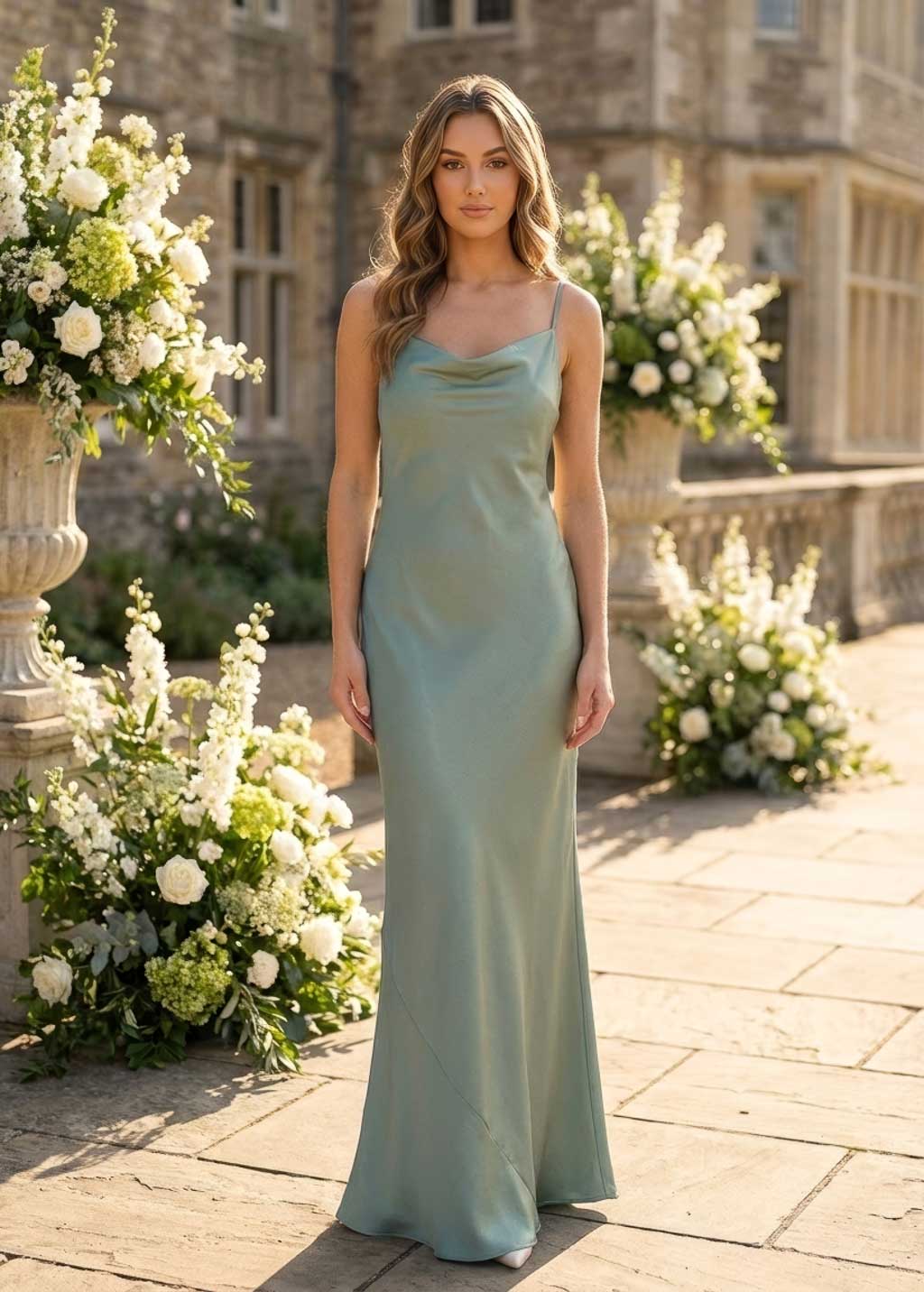 Sage Green Bias Cut Silk Satin Maxi Dress