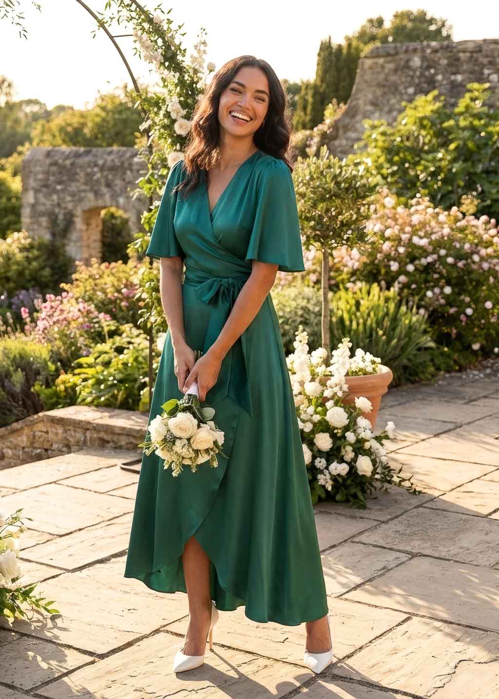 Dark Green Silk Wrap Dress with Flutter Sleeve