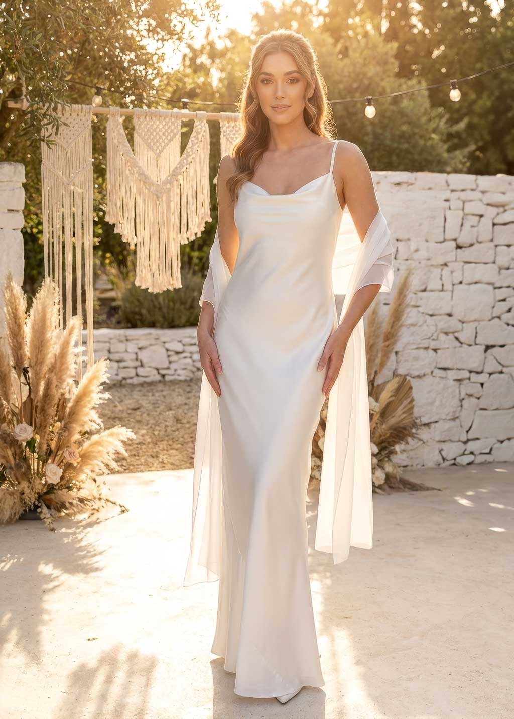 Ivory Bias Cut Silk Satin Dress with Chiffon Scarf –