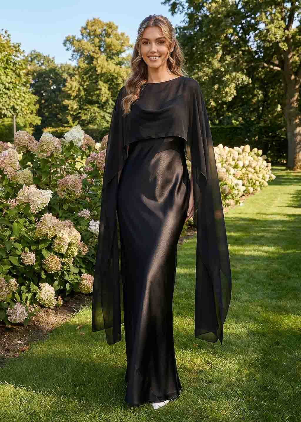 Black Bias Cut Silk Satin Dress with Chiffon Cape
