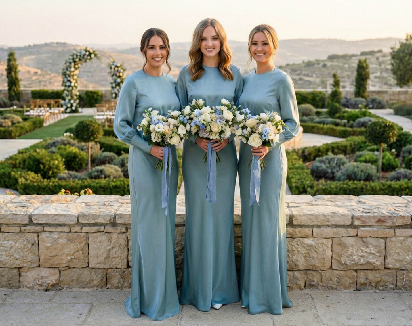 Dusty Blue Silk Bridesmaid Dresses – Modest Elegance with Long Sleeves