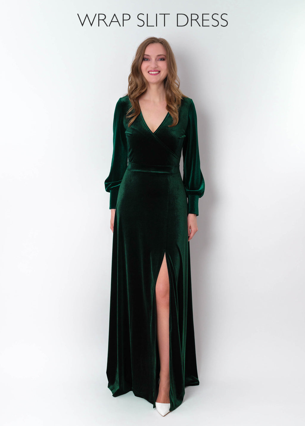Emerald green velvet long wrap dress
