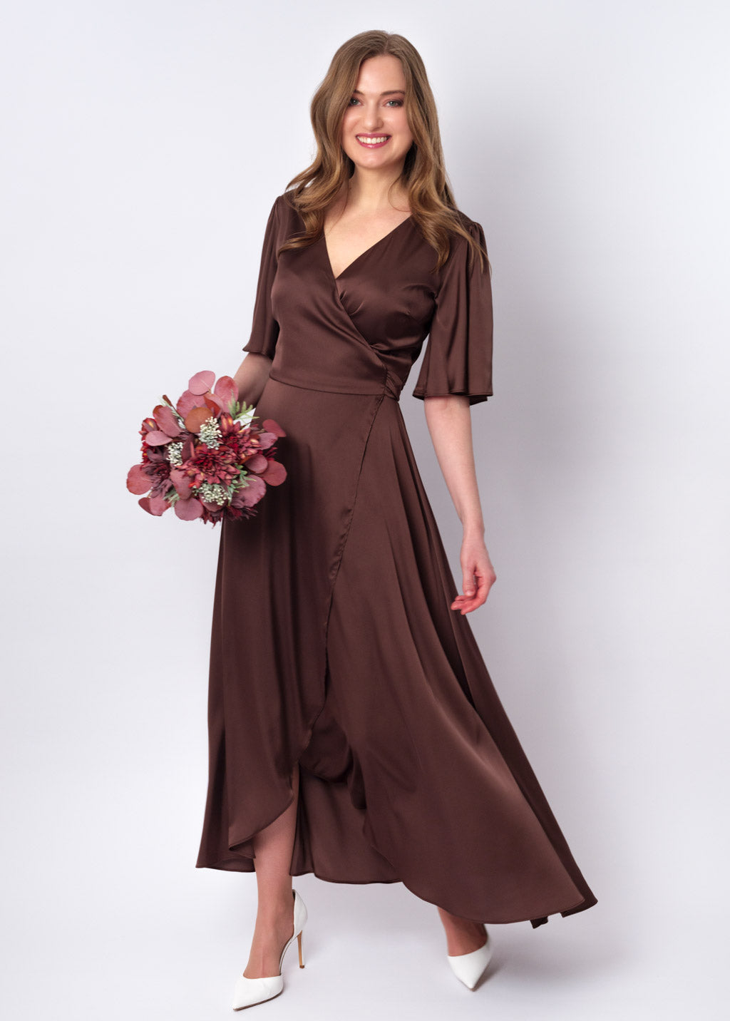 Choсolate brown silk long wrap dress