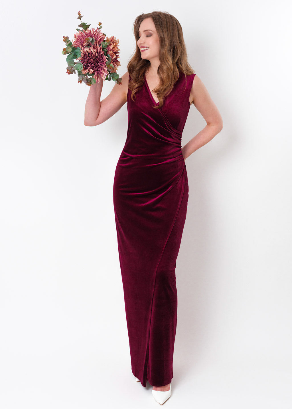 Plum burgundy long wrap bodycon velvet dress