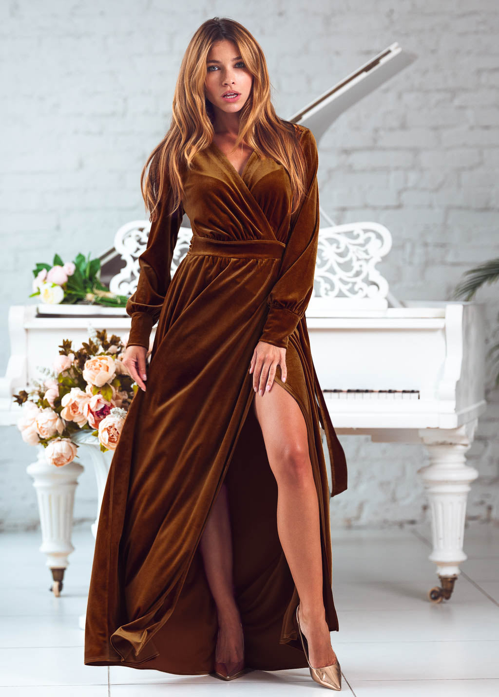 Rust gold long wrap dress