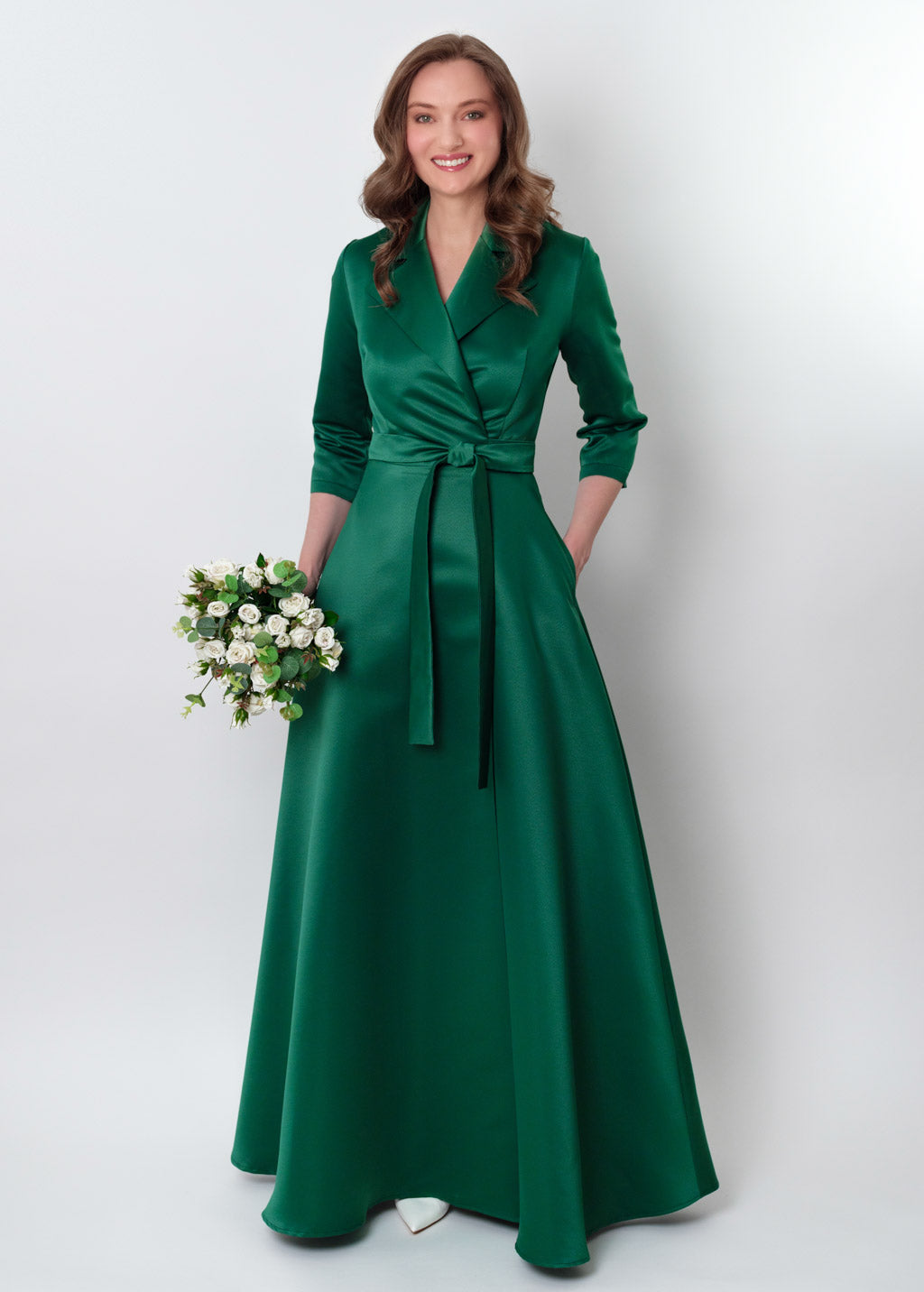 emerald green satin wrap dress Dark Green Wrap Satin Dress With Flutter Sleeves