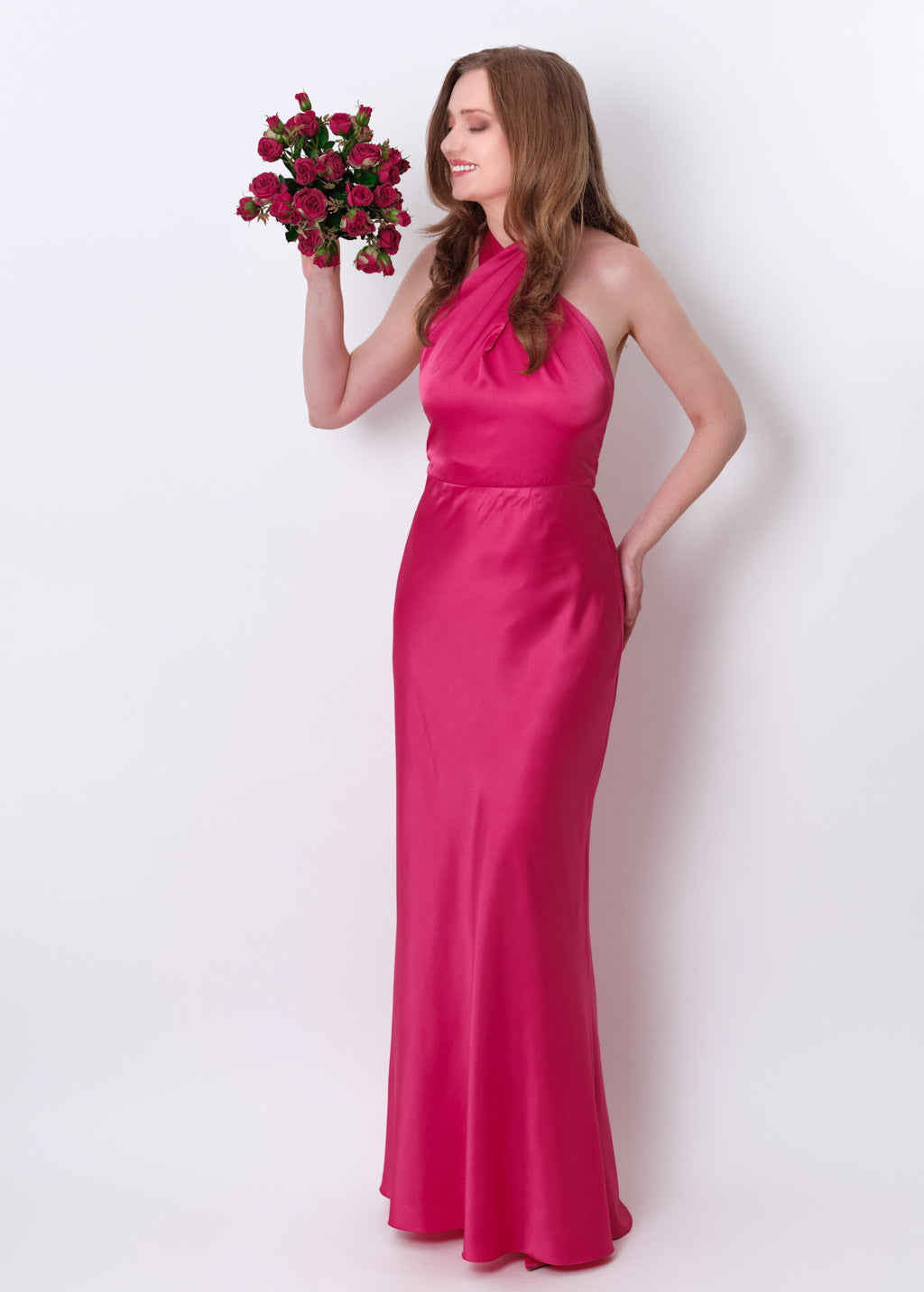 Hot pink silk long halter dress