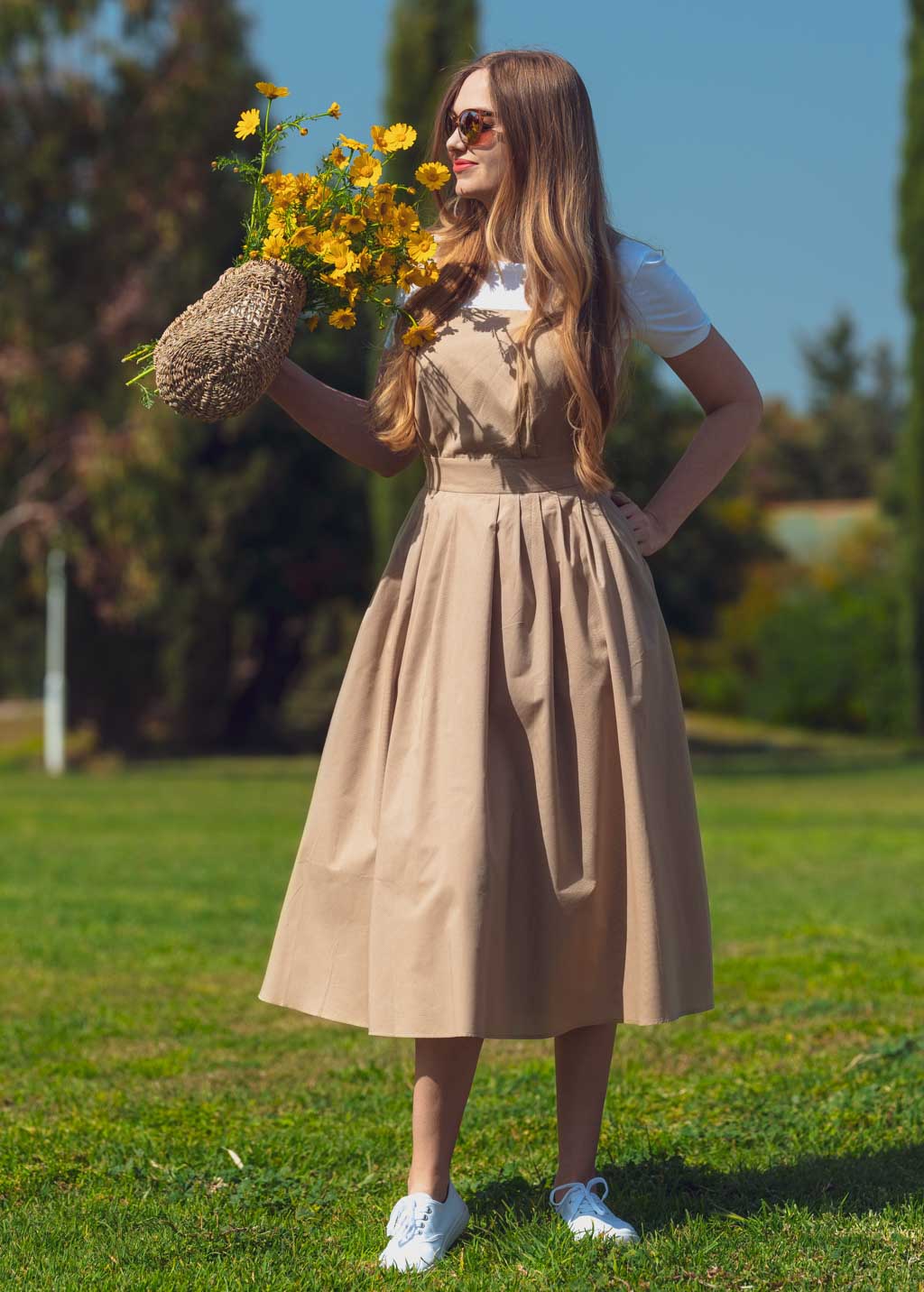 Beige organic cotton cross-back dress