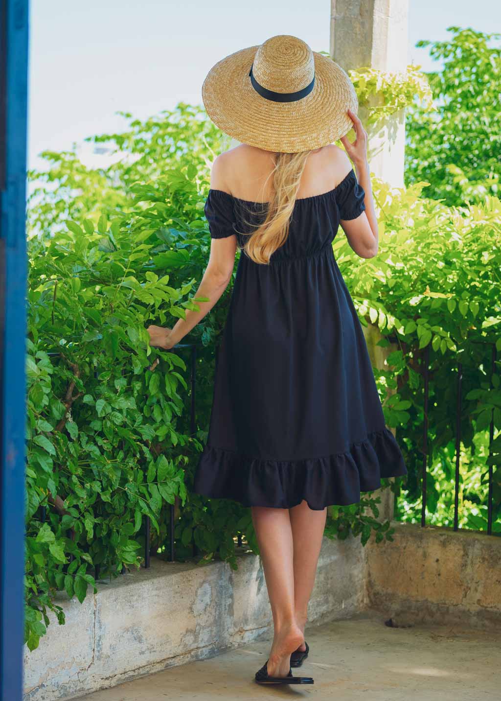 Black organic linen off shoulder midi dress