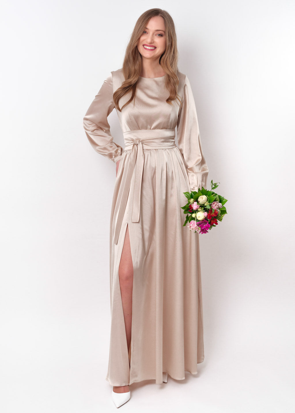 Champagne beige long silk dress with belt