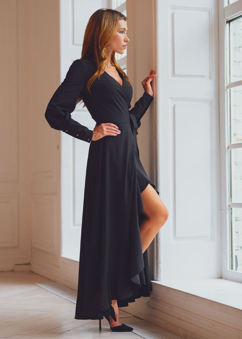 Black long wrap dress