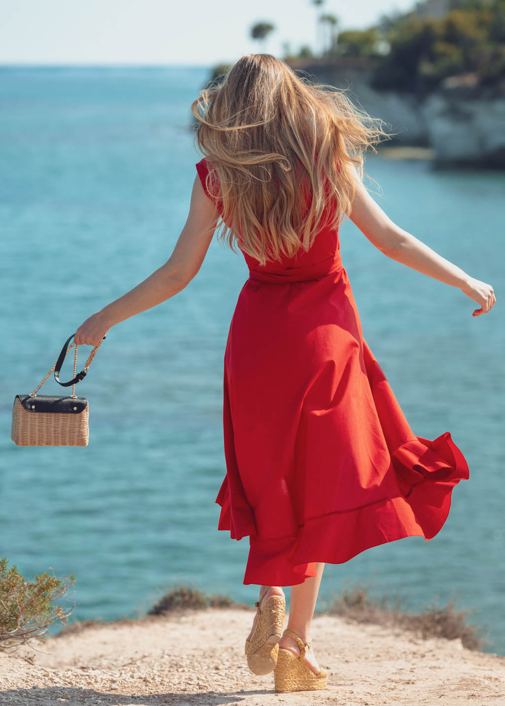 Red organic cotton midi wrap dress
