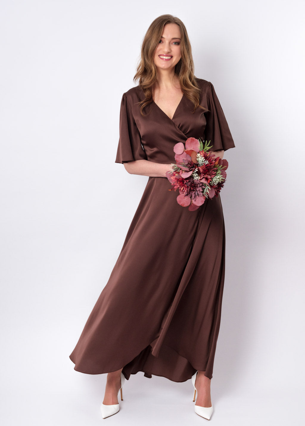 Choсolate brown silk long wrap dress