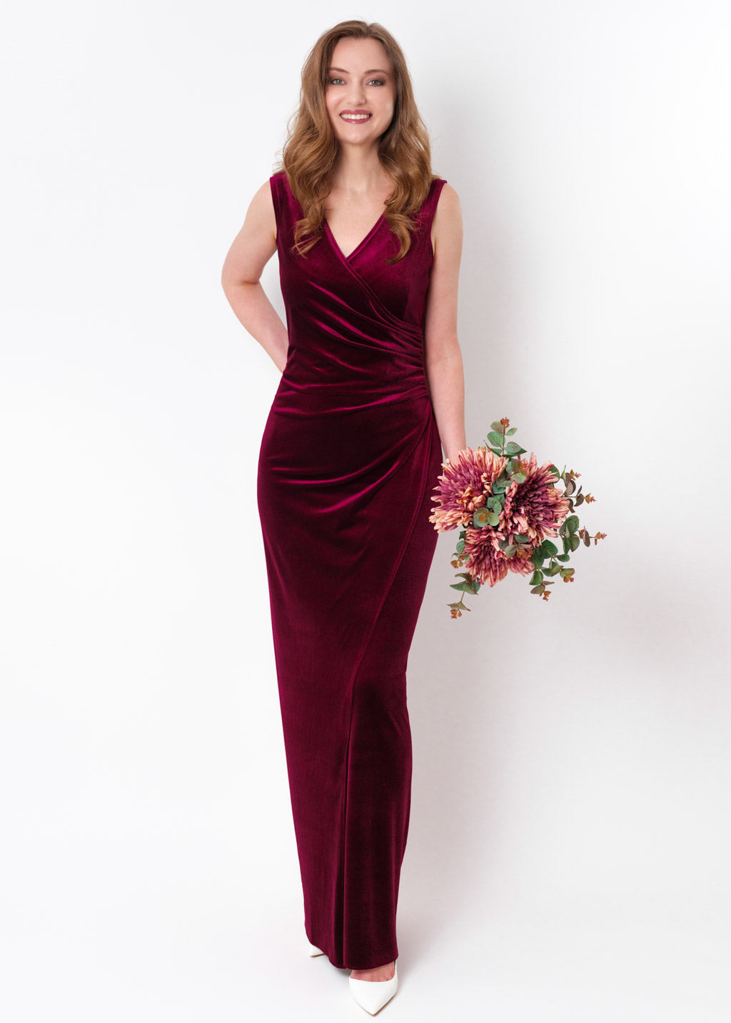 Plum burgundy long wrap bodycon velvet dress