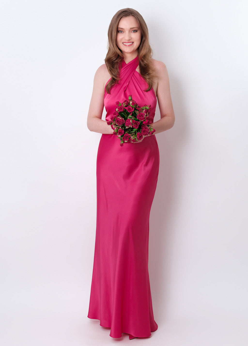Hot pink silk long halter dress