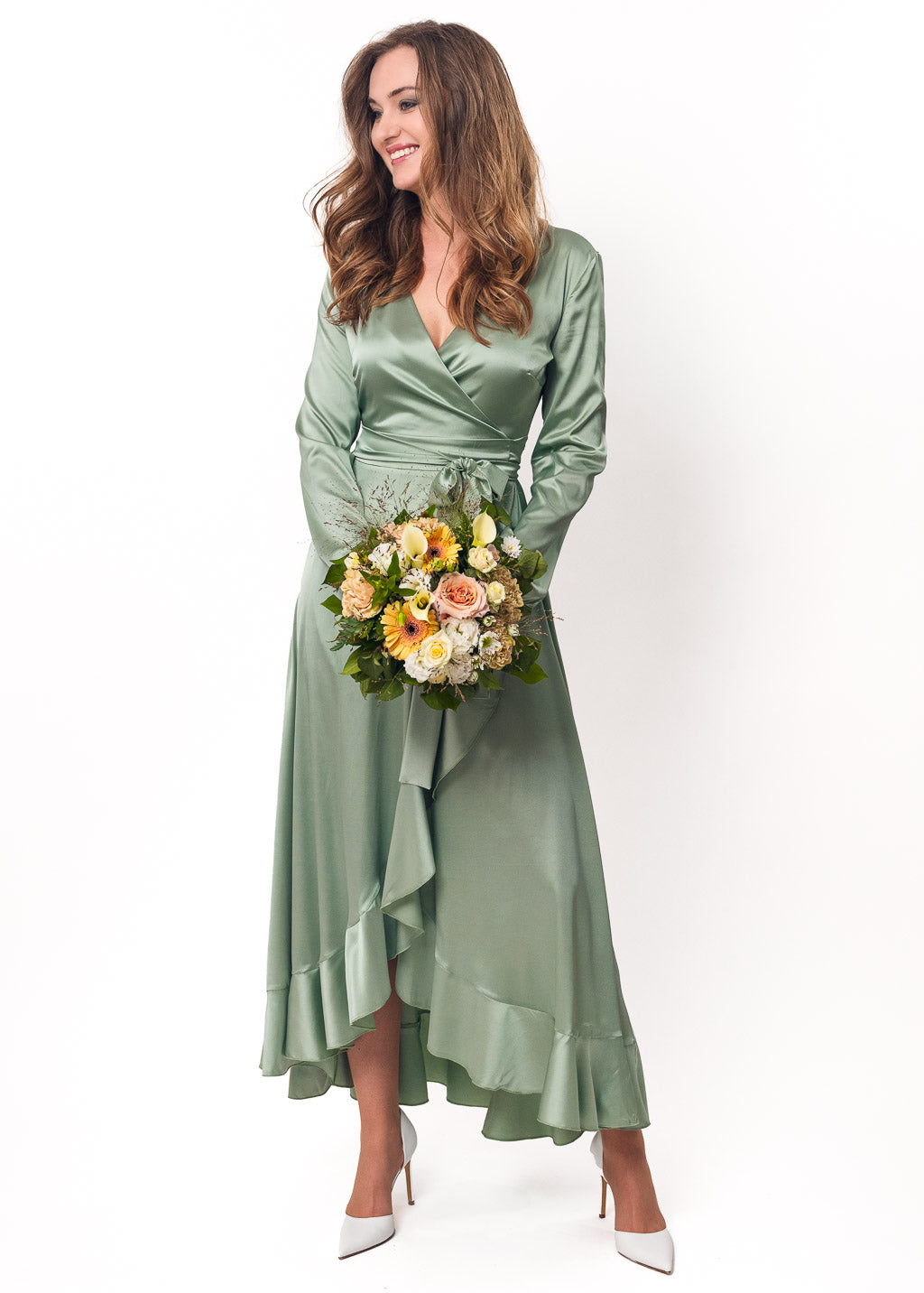Sage green long wrap silk dress