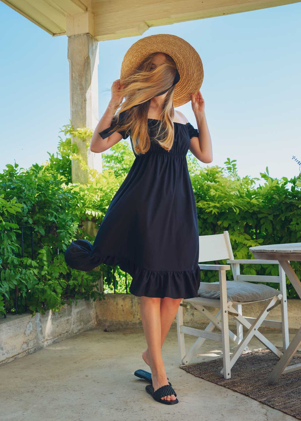 Black organic linen off shoulder midi dress