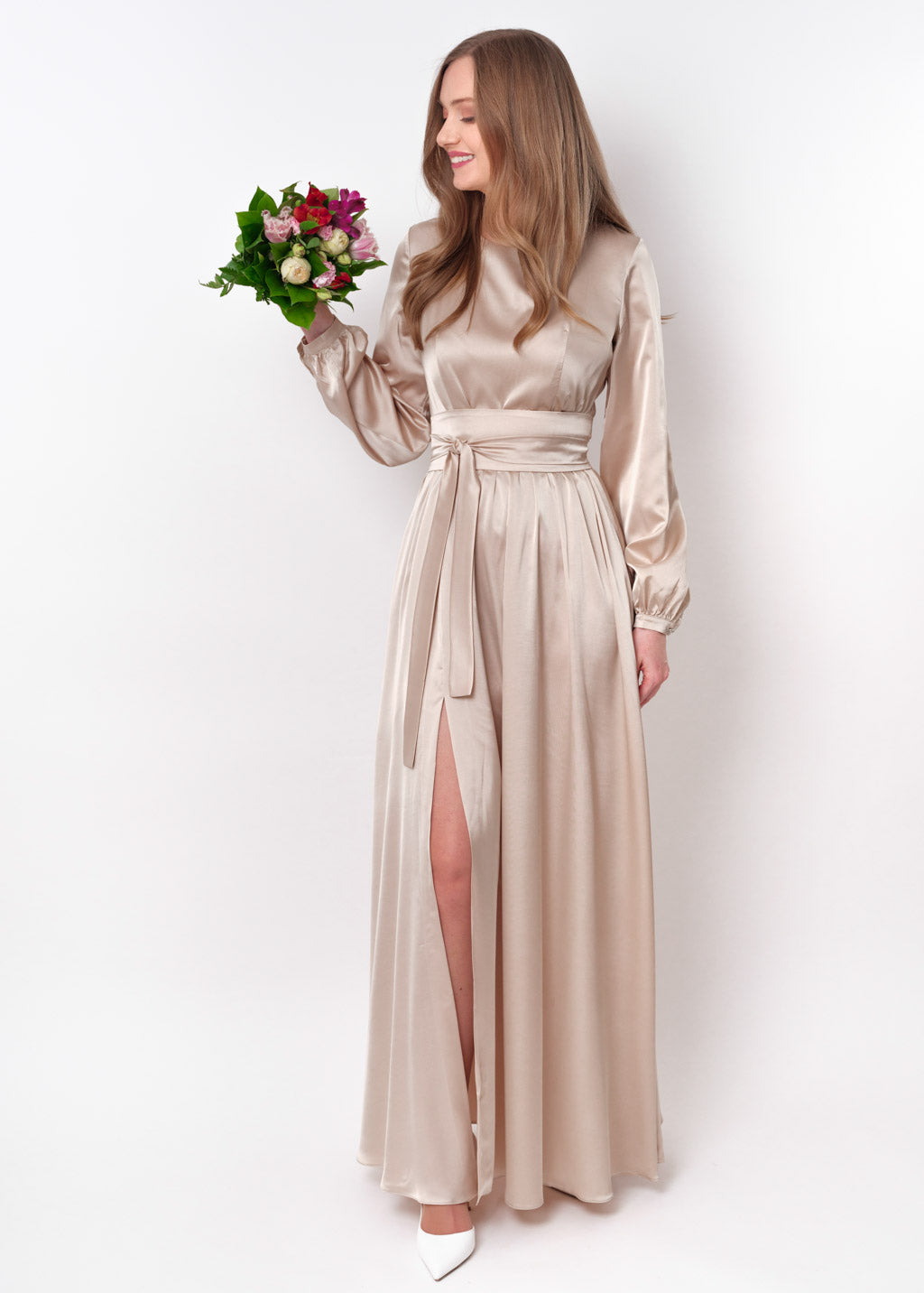 Champagne beige slit silk dress with belt