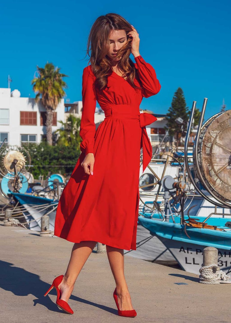 Red midi wrap dress
