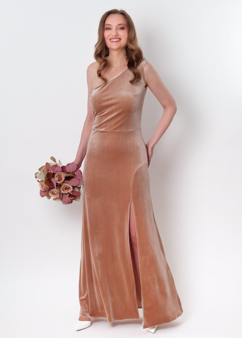 Champagne beige velvet one shoulder slit dress