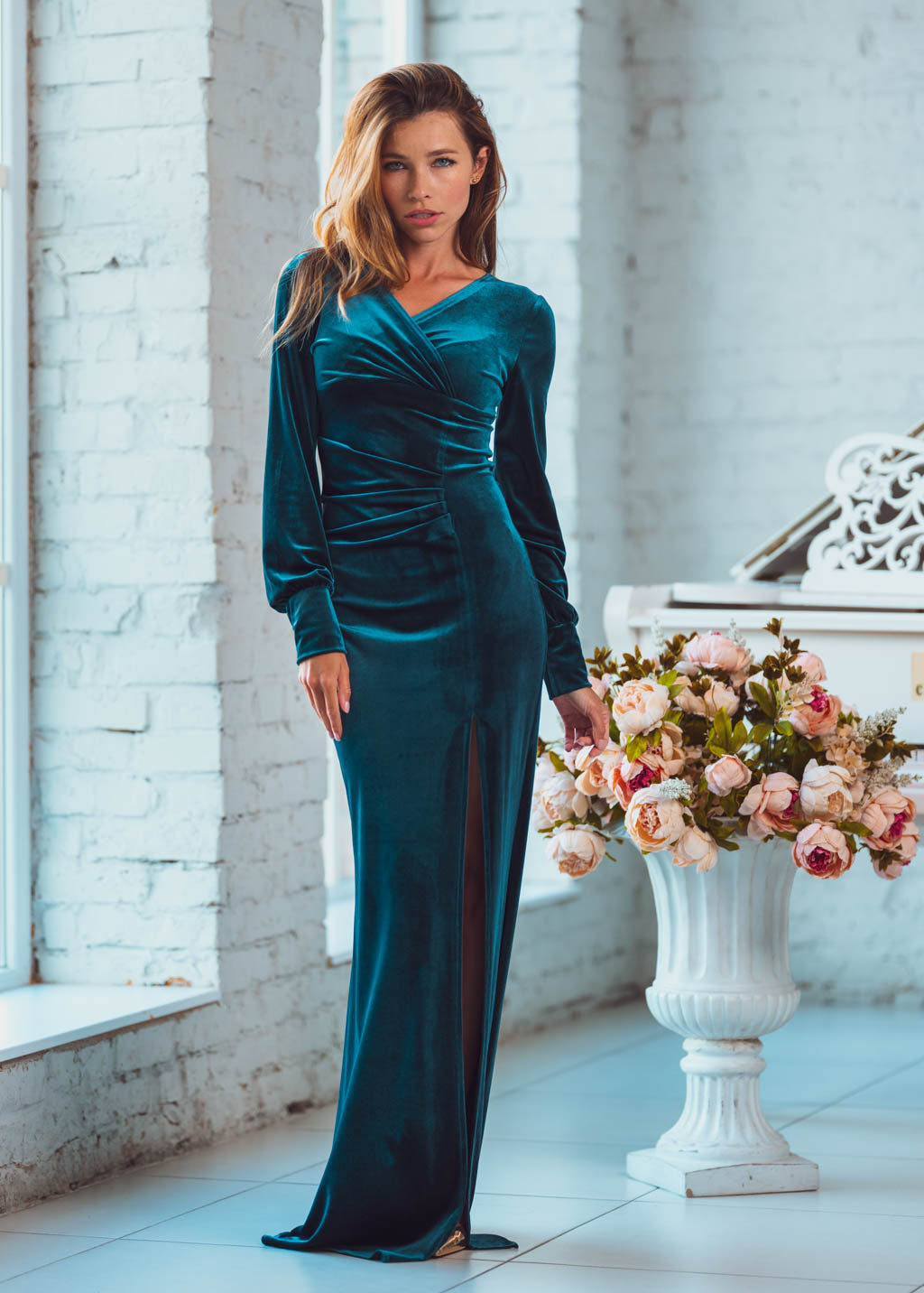 Teal green velvet maxi slit dress