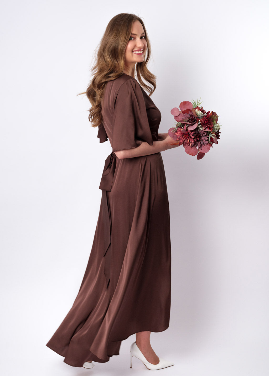 Choсolate brown silk long wrap dress