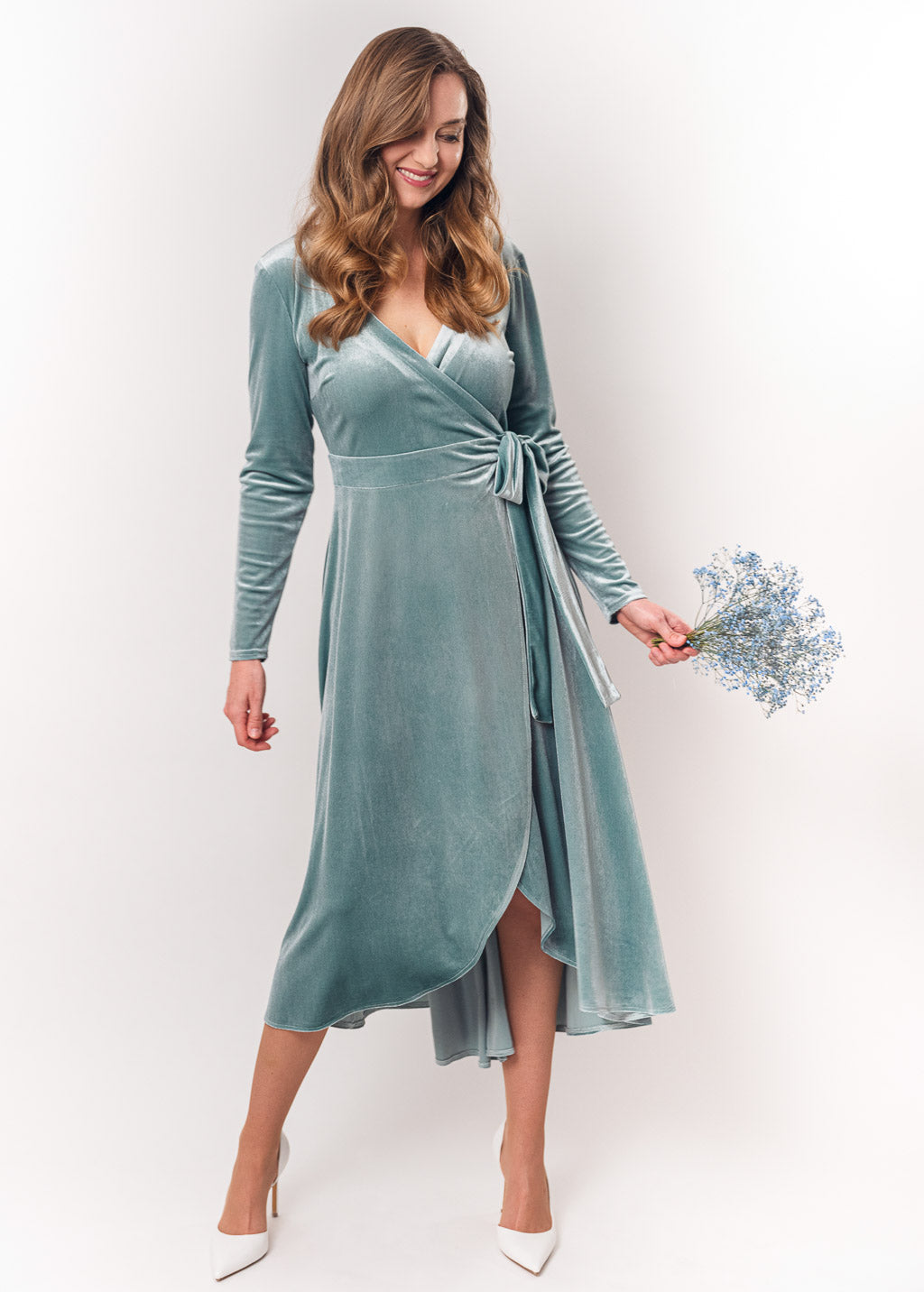 Dusty blue midi wrap dress