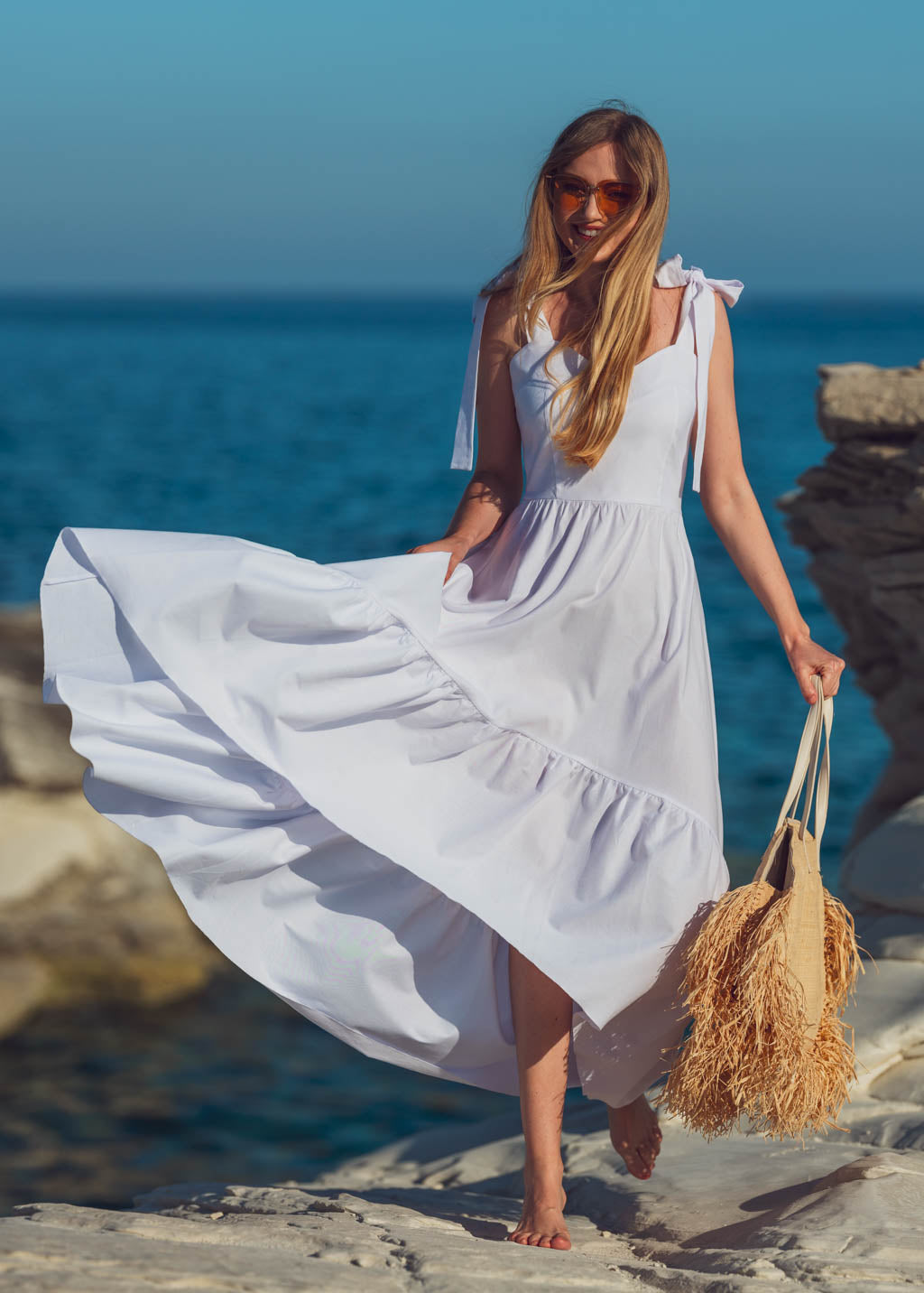White cotton boho long summer dress