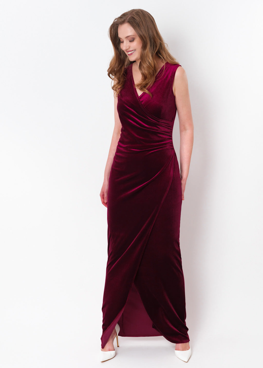 Plum burgundy long wrap bodycon velvet dress