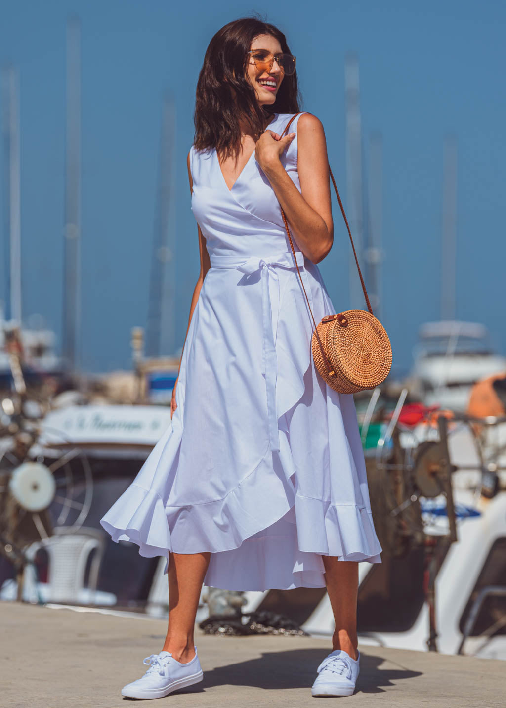 White organic cotton midi wrap dress