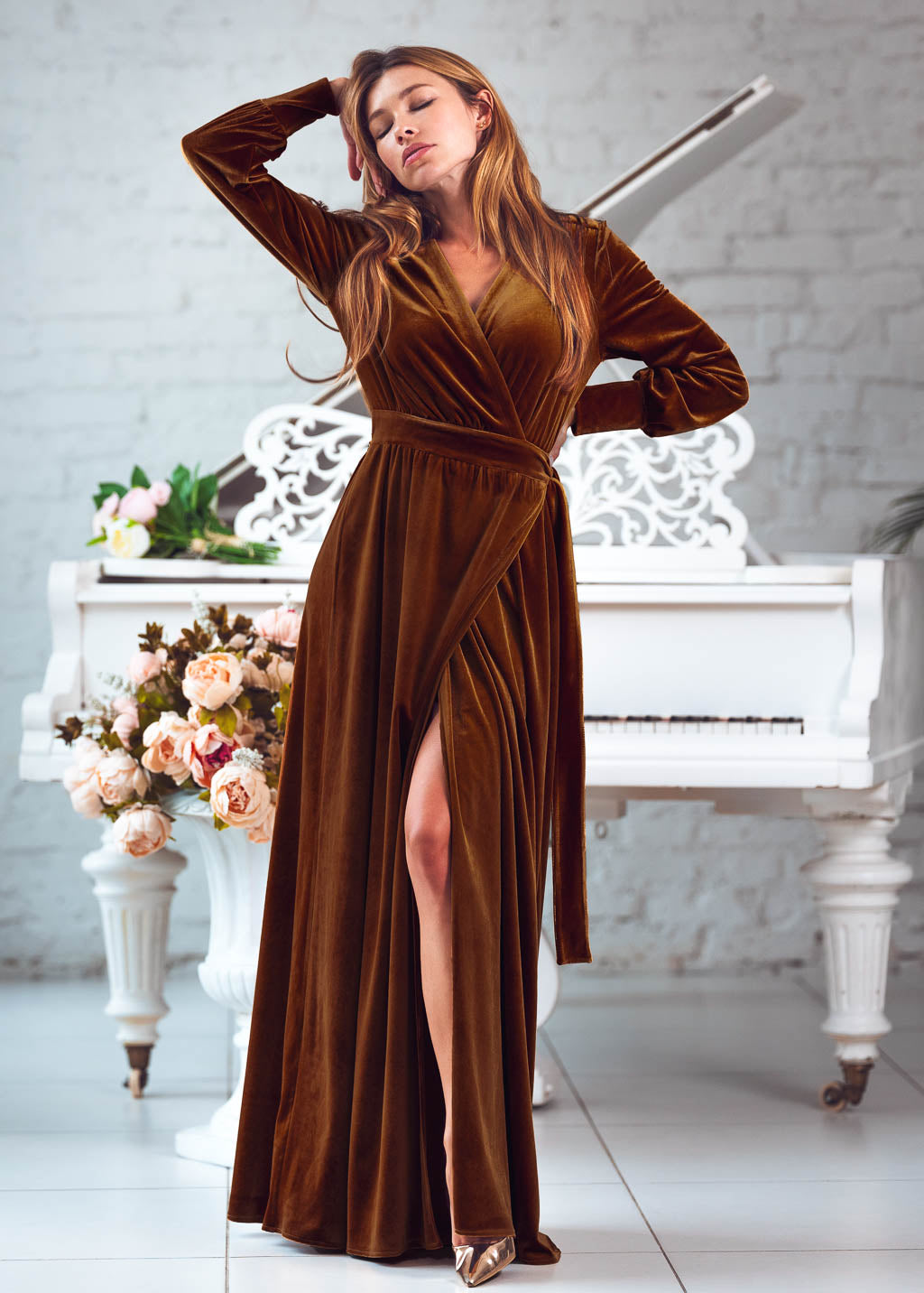 Rust gold long wrap dress