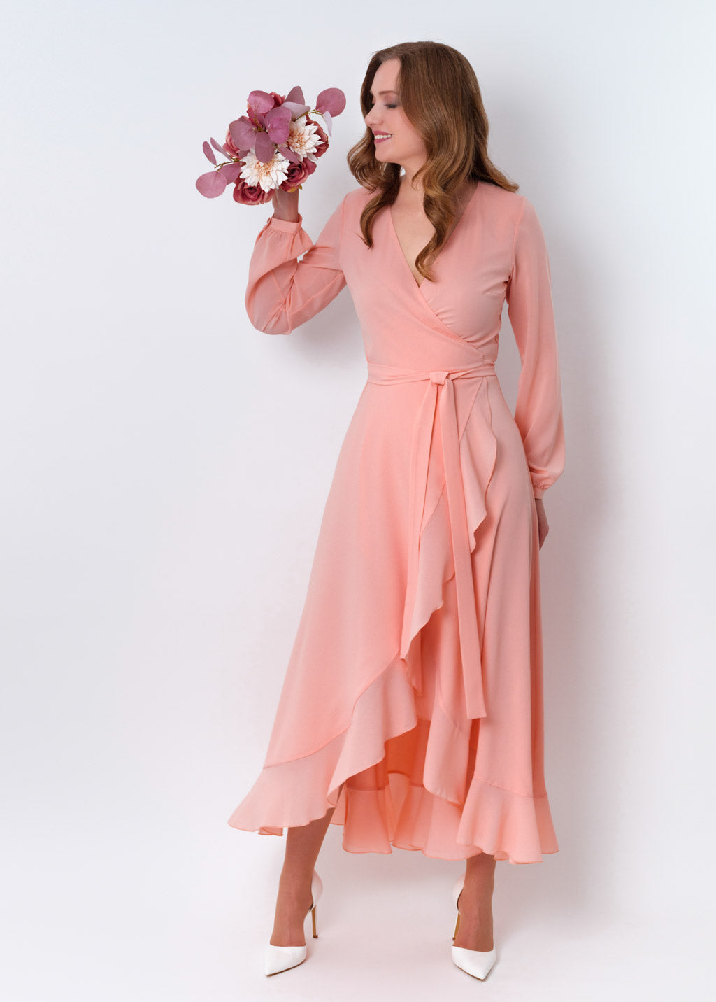 Blush pink chiffon wrap dress