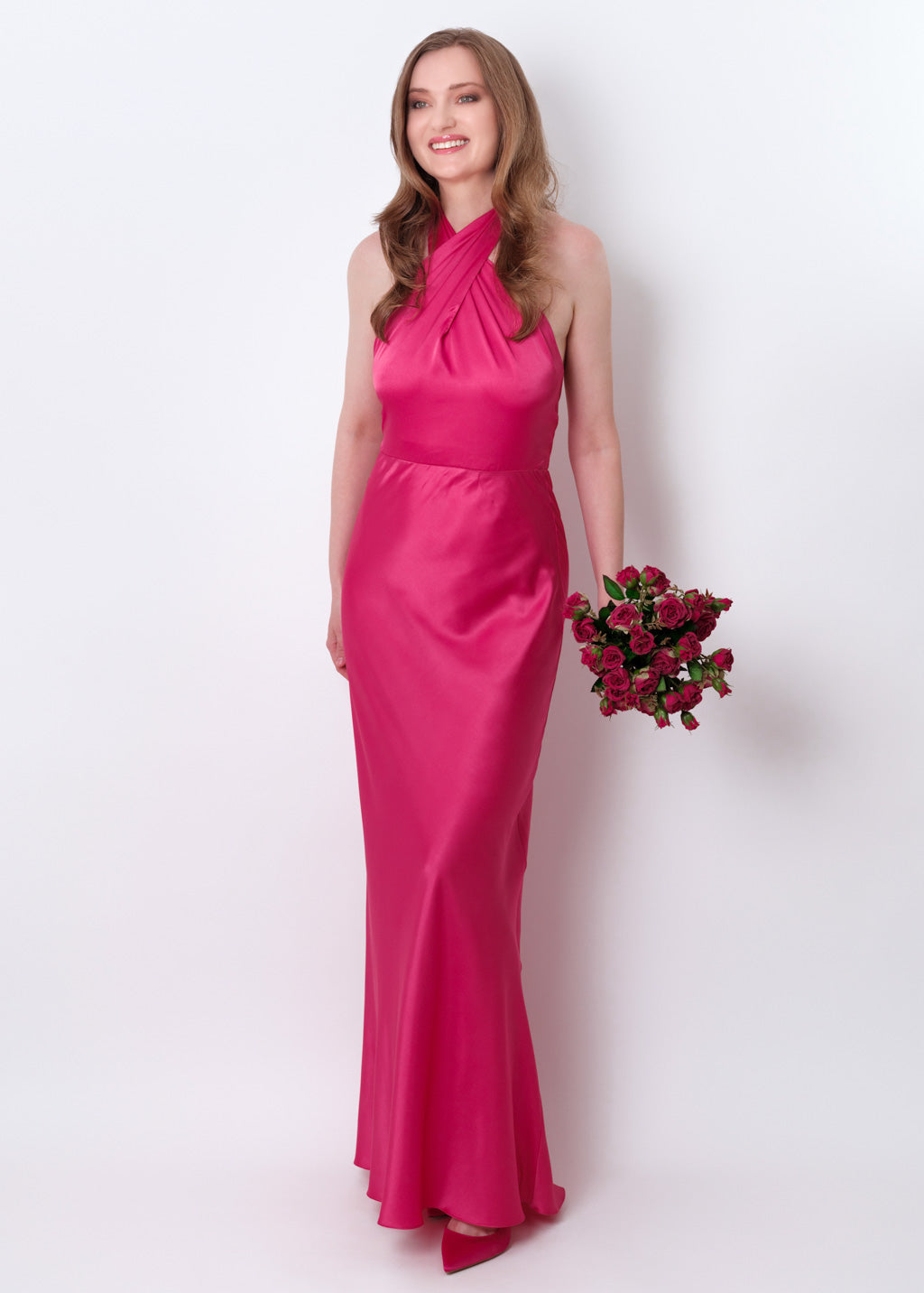 Hot pink silk long halter dress